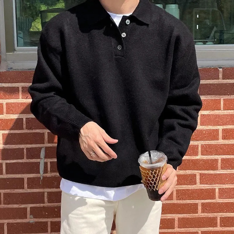 Casual Solid Color Knitted Polo Shirts Mens Spring Stylish Buttoned Polo Collar Sweaters Men Vintage Knitting Jumper Tops 241224