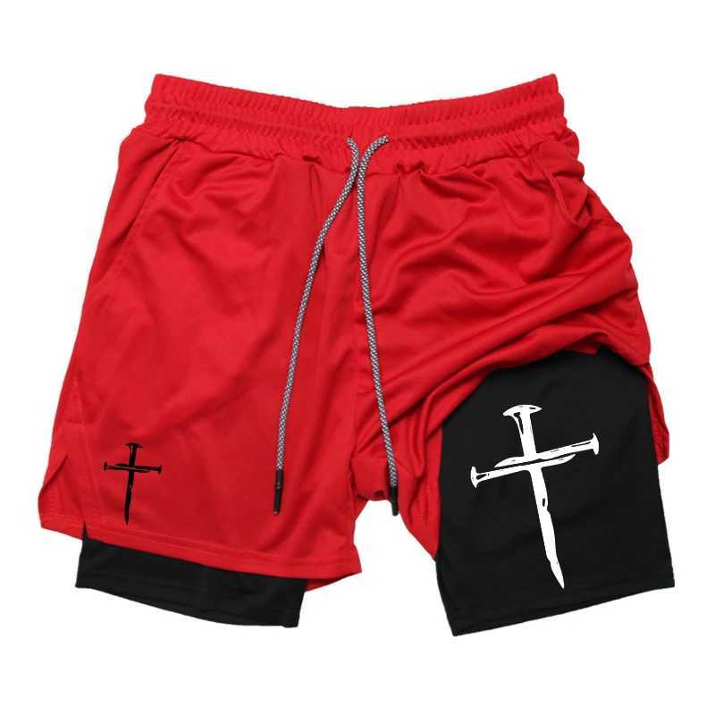 Cross Graphic 2 in 1 Workout Running Shorts for Men Christian Gym Performance Shorts with Phone Pocket Towel Loop Active WearXJ241226
