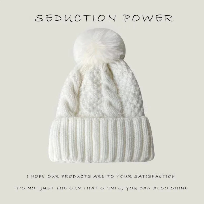 Winter Twist Knitting Hat For Women Fur Pompom Thick Plush Cap Beanie Solid Color Ladies Warm Ski Snow Skullies Beanies 241226