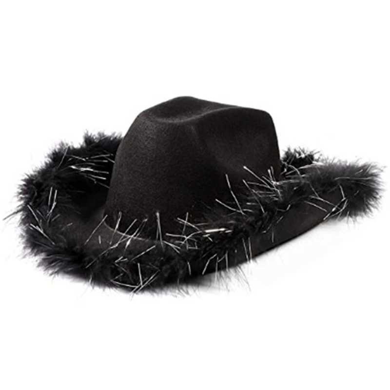 Western style denim hat solid color black and white womens bird hand party Cs decorated with feather sequins denim hat W241225