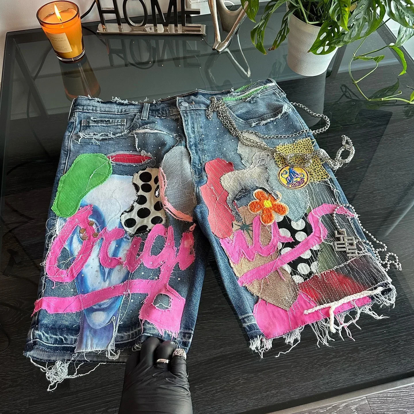 Hip Hop Painted Patchwork Baggy Denim Shorts y2k Fashion Street Gothic Punk Straight Jeans Shorts Men Women Retro Trendy Jorts 241225