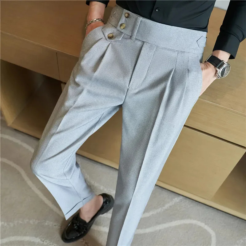 Spring Autumn Men High Waist Belt Casual Slim Formal Dress Pant Men Social Office Wedding Party Dress Suit Pants 260306