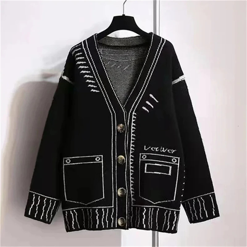 Print Graffiti Cardigan Women Long Sleeve Top Y2K Loose Vneck Sweater Autumn Winter Streetwear Knitted Female Cardigans Coat 241225