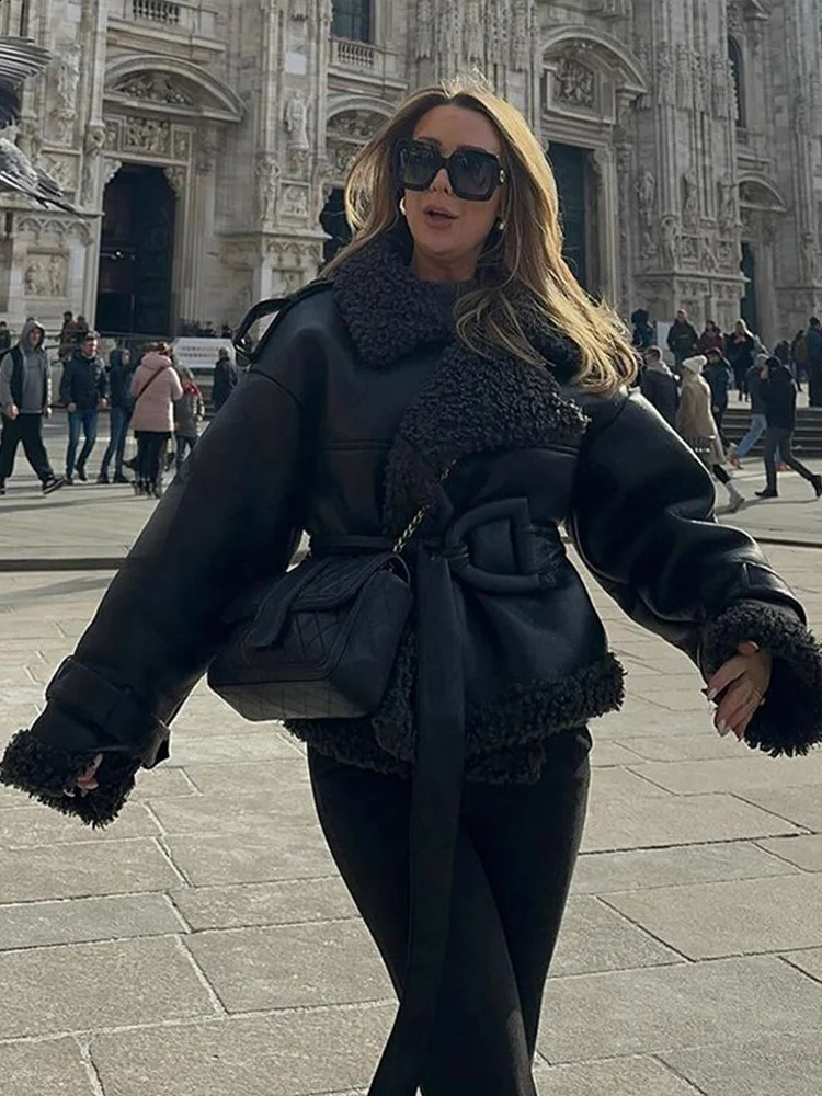 PU Leather Lamb Wool Patchwork Womens Jackets Belt Solid Lace Up Lapel Thicken Warm Overcoat Autumn Winter Lady Jacket 241217