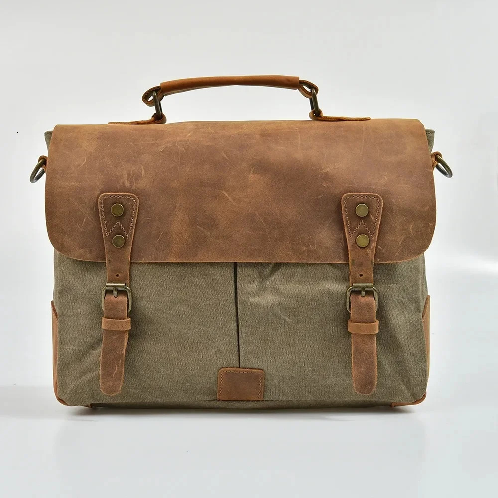 High Quality Portable Briefcase Leather with Canvas American Retro Messenger Bag Shoulder Messenger Bag Multi-purpose 241225