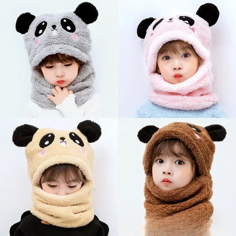 Cartoon Hat for Girls Boys Scarf Thicken Cap Winter Kids born Baby Stuff Children Plus Fleece Caps 115Years 241225