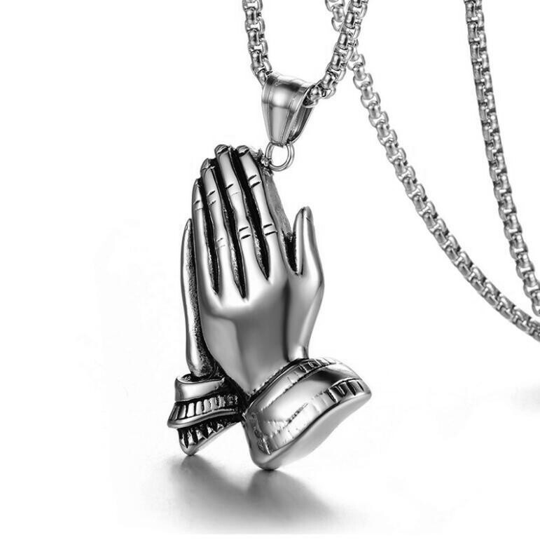 Launch Titanium Steel Stainless Prayer Hand Pendant Necklace Gold Silver Buddha Hand Men's Hanging Tag Wolf Tide 2024 New In Product Collar Jewel