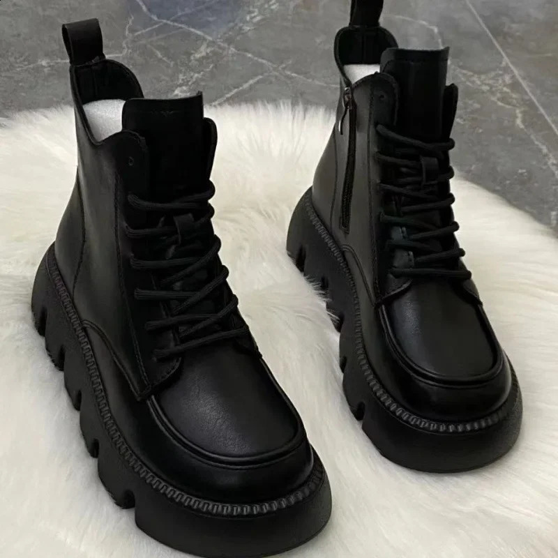 Platform Short Shoes for Women with Laces Footwear Punk Booties Black Combat Lace-up Female Ankle Boots Round Toe Leather Boot 241226