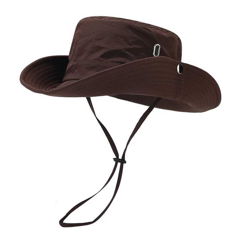 Windproof mens outdoor hat width Brim flat top mens camping hat letter printing UV resistant Str hollow mens fisherman hat earmuffs W241225