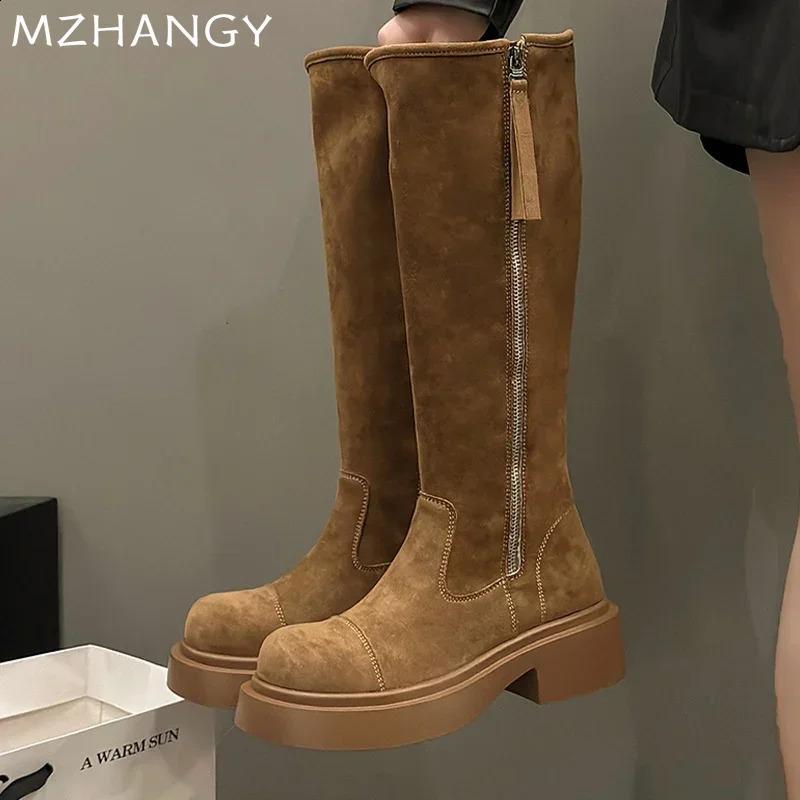 Suede Flats High Boots Women Knee High Zipper Shoes 2025 Trend Fashion Winter Motorcycle Boots Punk Mujer Botas 241226