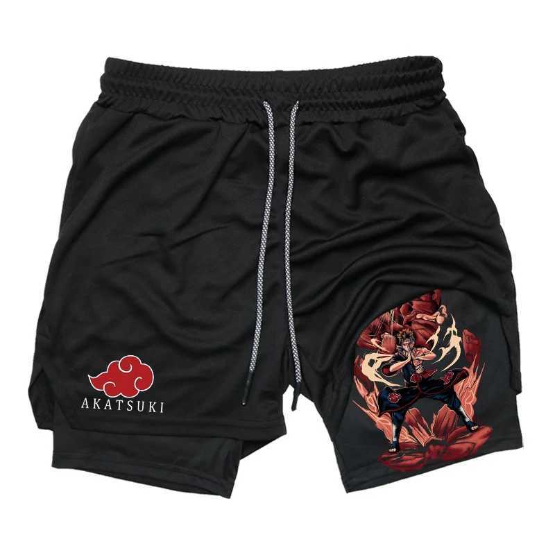 Mens 2 in 1 Performance Shorts Athletic Compression Shorts with Towel Loop Pockets Gym Workout Fitness Running Anime PrintXJ241226