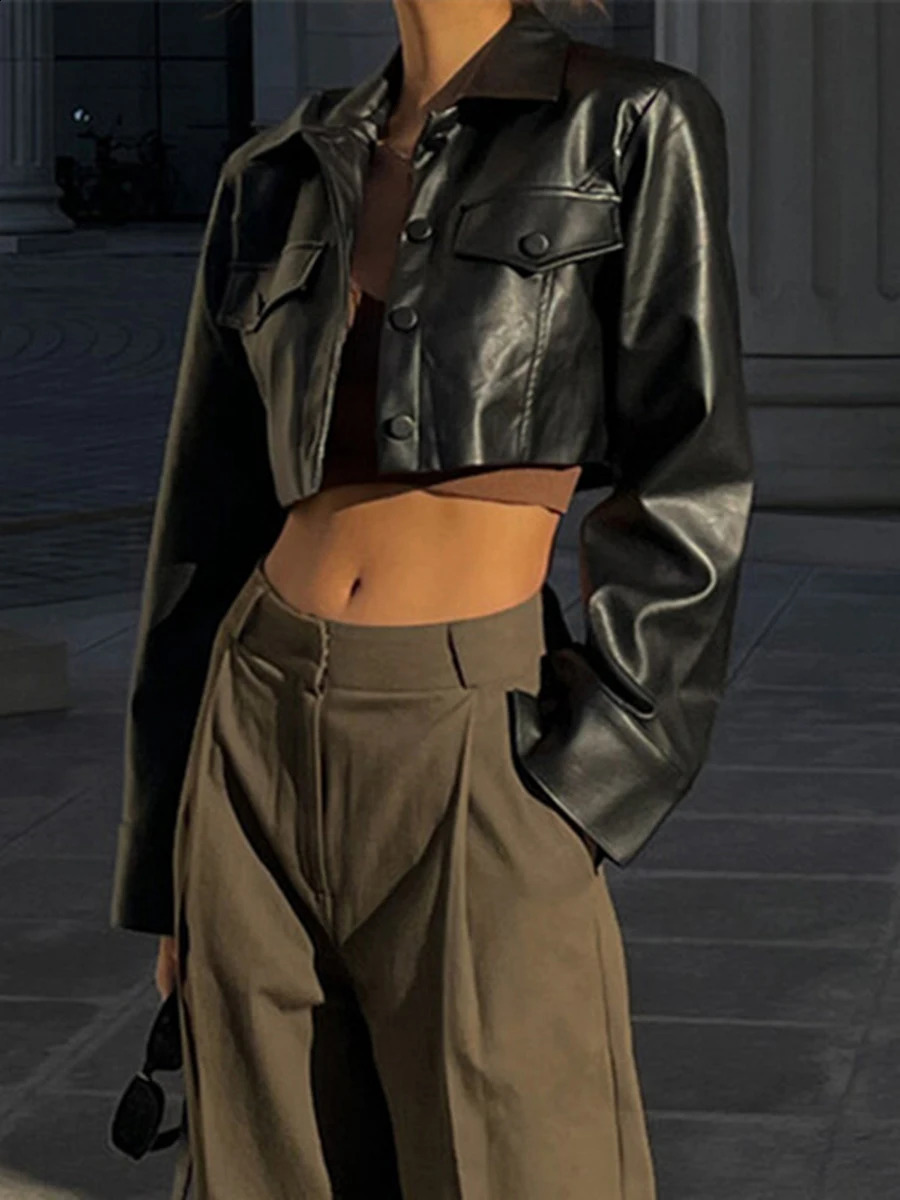 Womens y2k Black Faux Leather Crop Jacket Retro Long Sleeve Button Down Lapel Cropped Jacket with Pocket Casual Coat Streetwear 241226