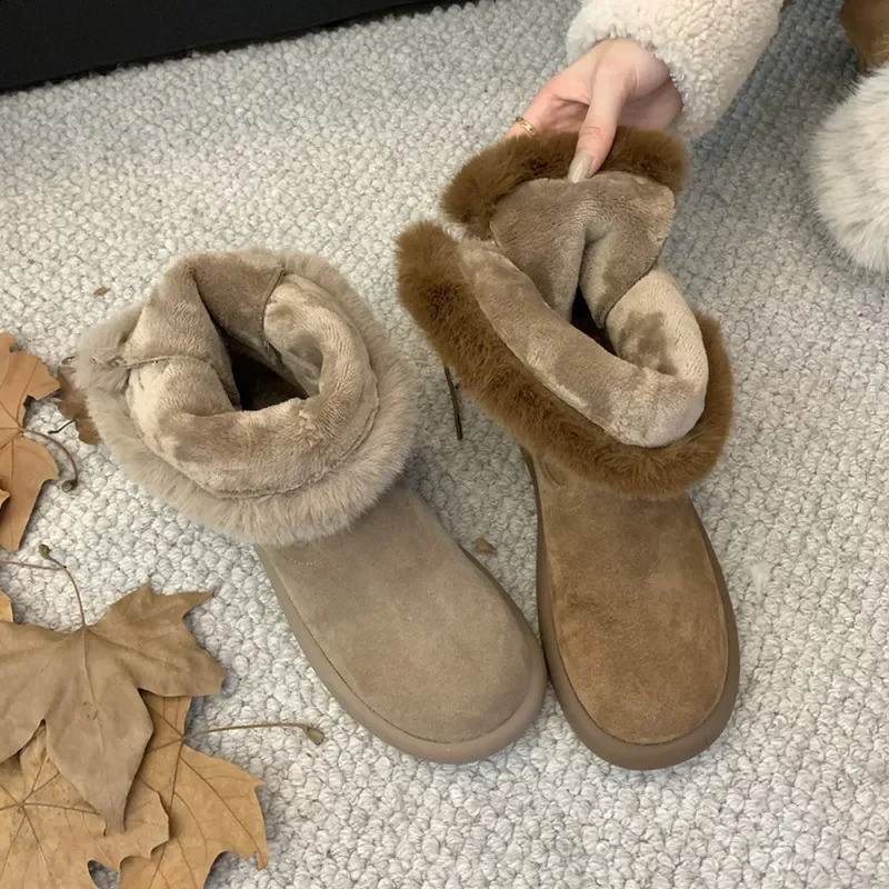 Waterproof Snow Boots with Fleece Thickened Warm Cotton Shoes Short Tube with Fleece Martens Flat Wool Shoes for Women 241226