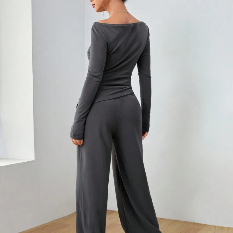 Womens Suit Solid Color Long Sleeve Casual Wide Leg Pants Fashion Two Piece Suit Home Clothing 241224