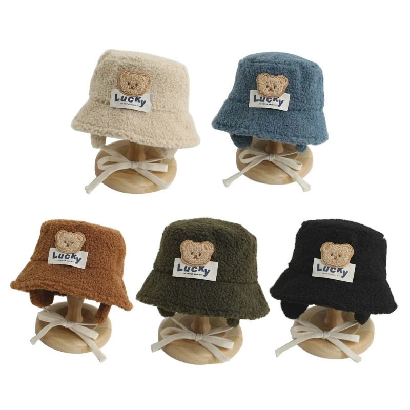 AutumnWinter Bear Wool Bucket Hat for Kids Warm Lovely Comfortable 241225
