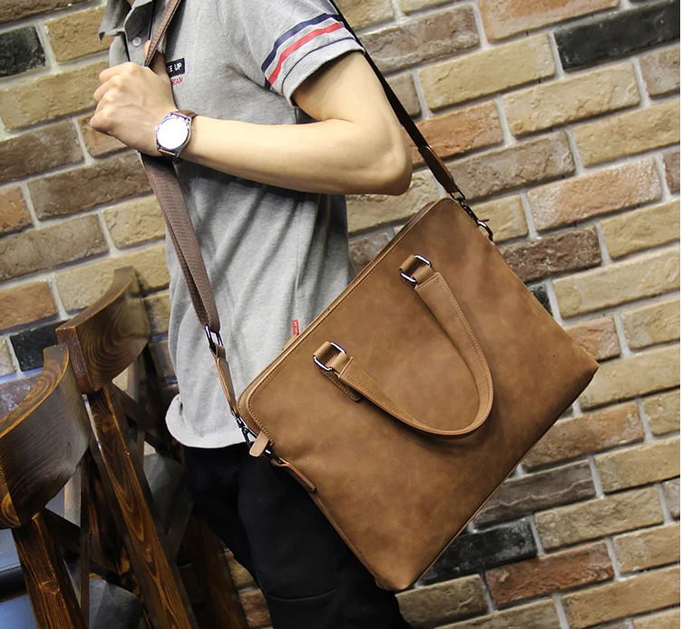 Crazy horse pu leather men bags vintage business leather briefcase mens Briefcase men travel bags tote laptop bag man bag 241225