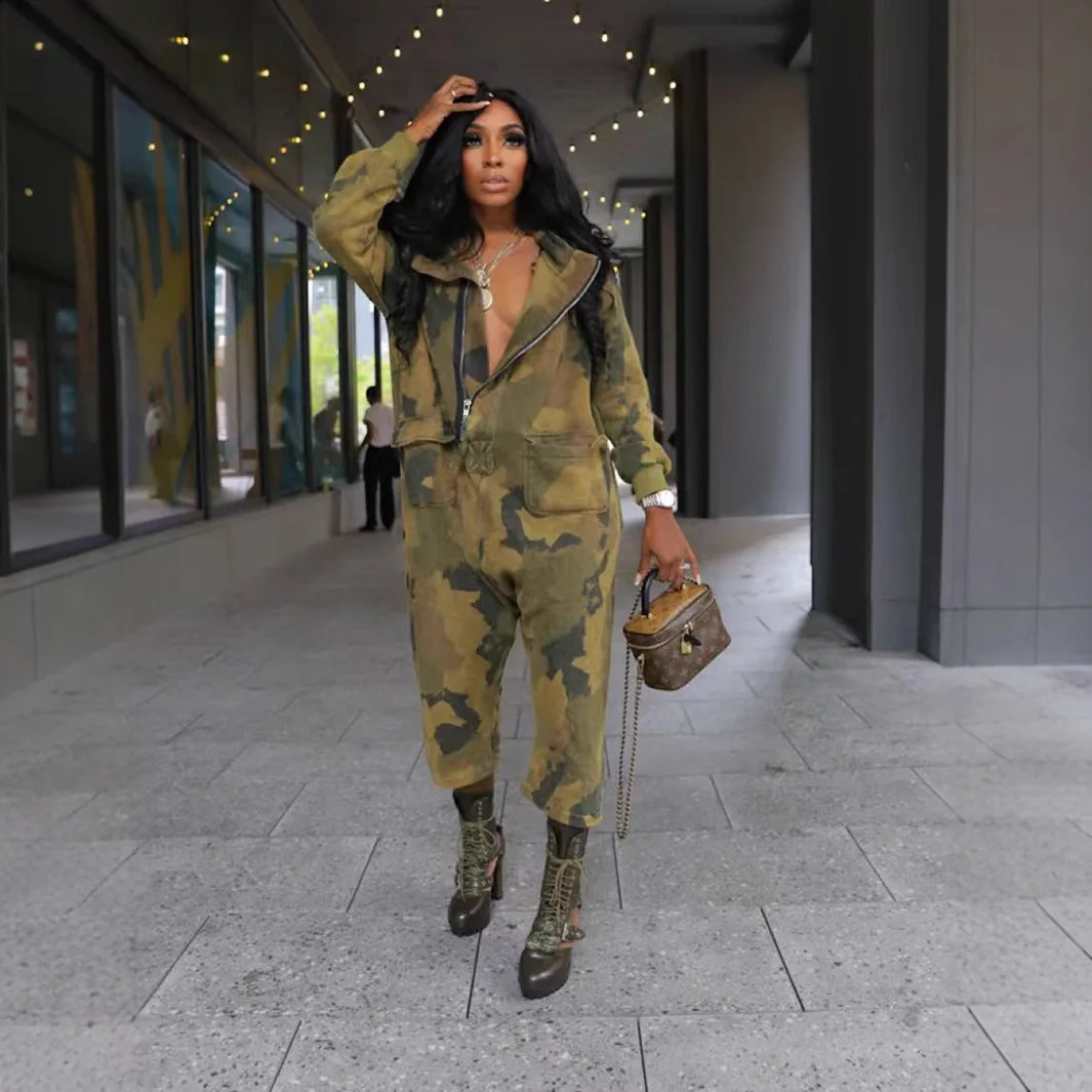Casual Hooded Camo Jumpsuit Women One Piece Outfit Autumn Winter Street Pocket Pant Female Bodycon Elegant Jumpsuit 241224