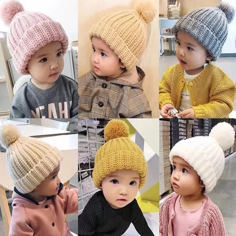 Baby Knitted Winter Hat Boys Girls Pompom Cap Crochet Candy Color Toddler Beanie Infant Kids Children Hairball Hats 241225