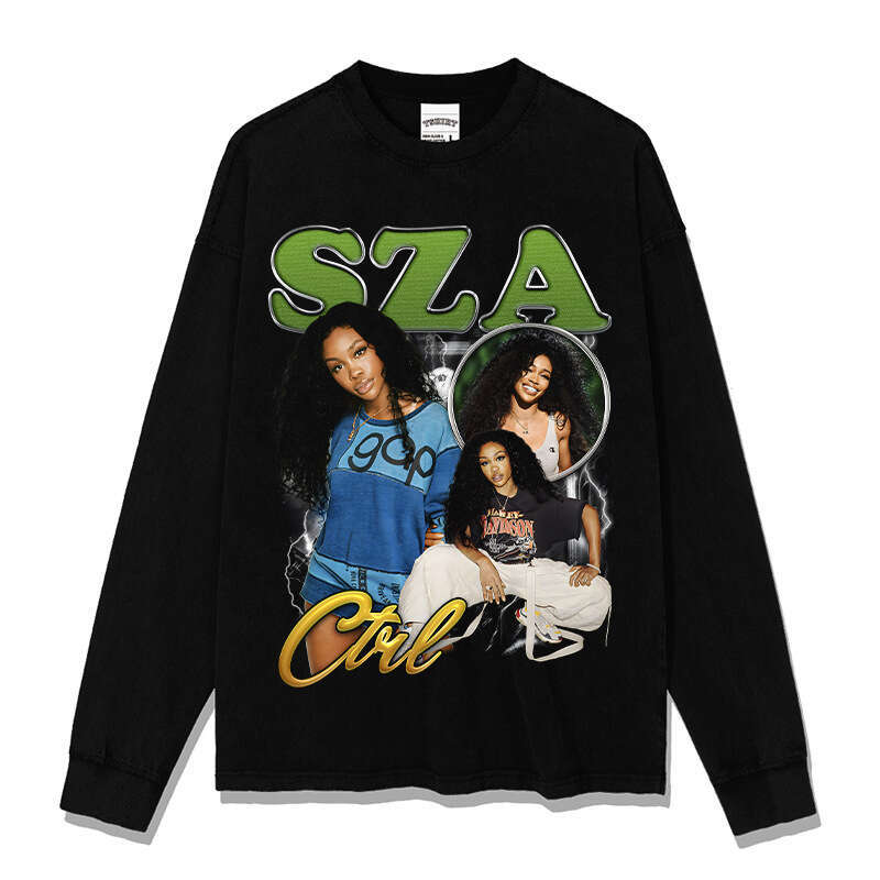 American style new Shisha SZA printed short sleeved T-shirt, washed and worn pure cotton round neck hooded sweatshirt