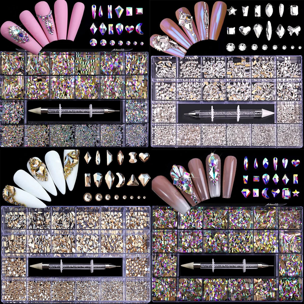 2500pcs Shiny Diamond Nail Art Rhinestones Crystal Decorations Set AB Glass 1pcs Pick Up Pen In Grids Box 21 Shape 241226