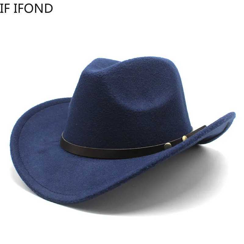 Neutral retro western denim womens felt hat with punk strap winter autumn Panama imitation wool jazz C W241225