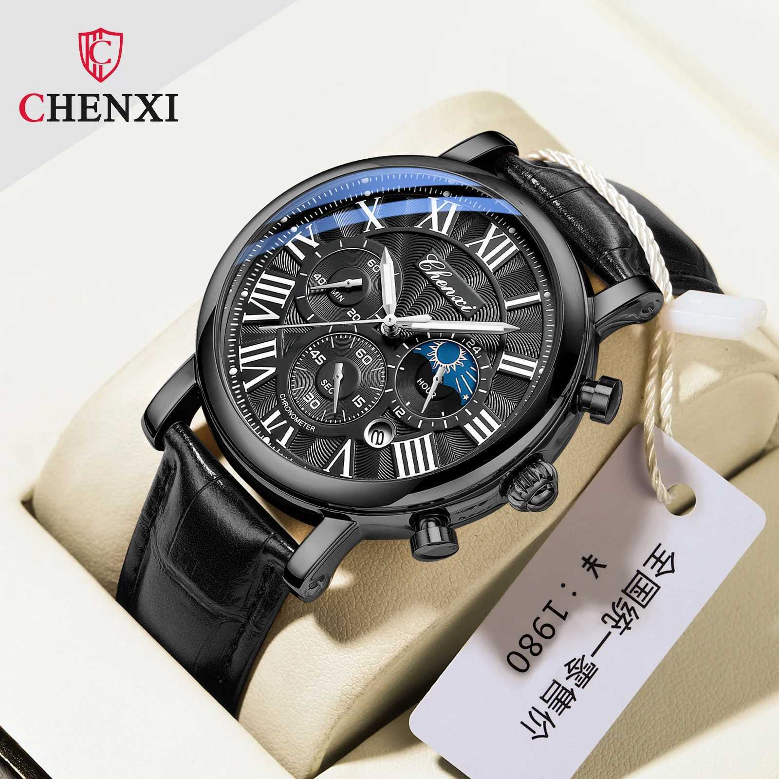 New Arrival CHENXI 973 Multi functional Business Moon Phase Waterproof Roman Simulation Imported Mens Watch Dial Quartz Leather Watch Z241226