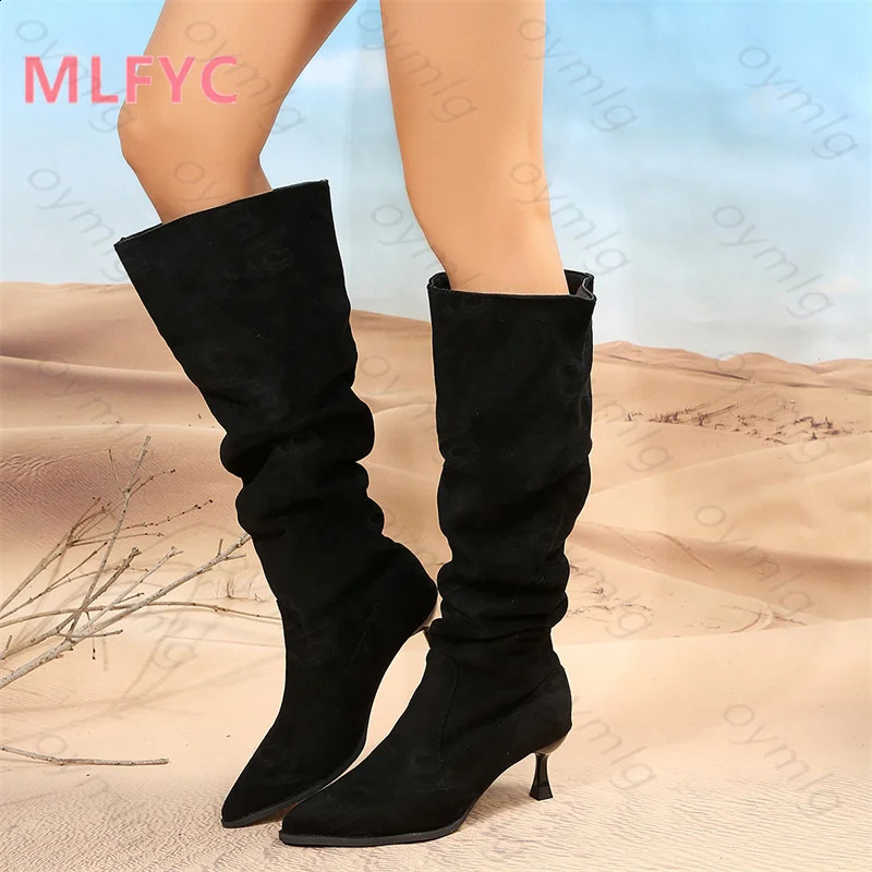 Women Boots Winter Pointed High Heels Stacked Boots Wide Sleeved Long Boots Slimming Thin Heels High Sleeved Knights Boots Mujer 241226
