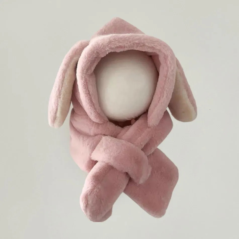 Childrens Solid Color Plush Scarf Hat Cute Cartoon Teddy bear Rabbit Warm Winter Windproof and Cold 241225