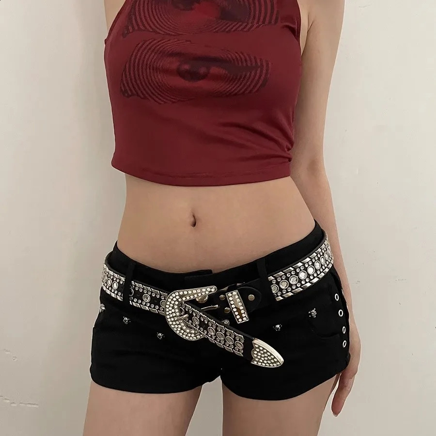 American Style Inlaid Rhinestone Metal Buckle Belt Pu Personality Y2k Girl Wide Belt Nightclub Fashion Jeans Decorative Belt 241226