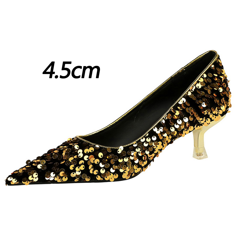 BIGTREE New Sequin Women's Sparkg Women Pumps Fashion Kitten Heels 4.5 Cm Low Heeled Banquet Shoes Size 43