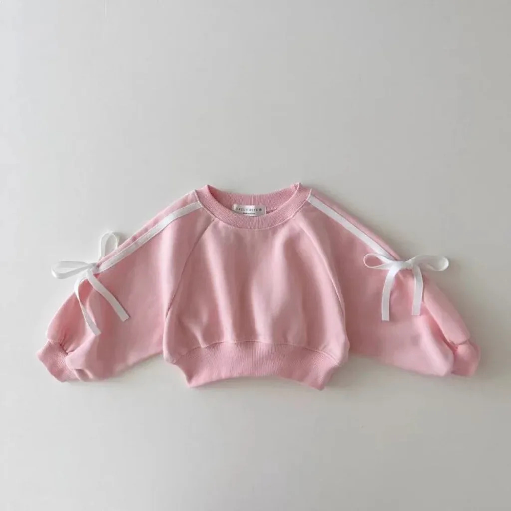 4295 Baby Clothing Set Autumn Korean Sports Girls Suit Bow Bar Splicing Sweater Pant Twopiece 241225