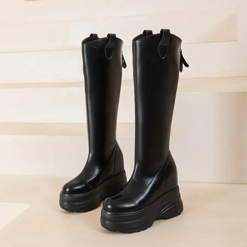 Womens Boots Genuine Leather 11cm Heel High Platform Internal Heightened Boots Womens Fashion High Heel Boots Women 241226
