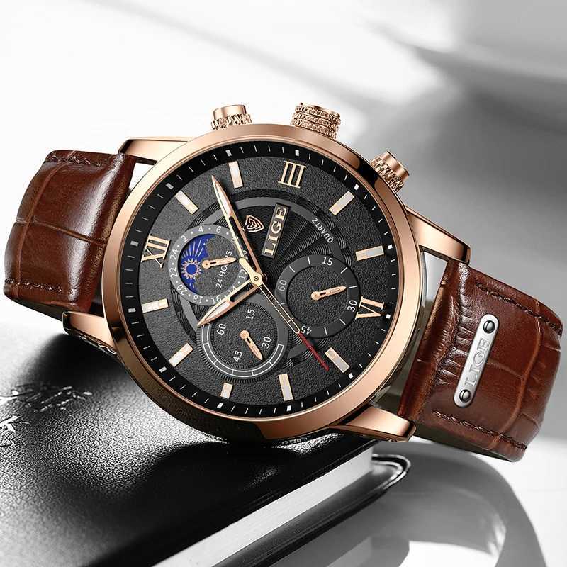 New Arrival New Mens Watches LIGE Top Brand Luxury Leather Casual Quartz Watch Mens Sport Waterproof Clock Watch Mens Watch+Box Z241226