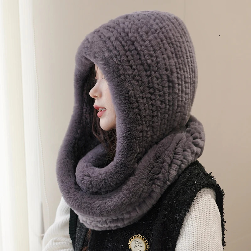 Women Real Knitted Rex Rabbit Fur Hat Hooded Scarf Long Winter Warm Fur Hat With Neck Collar Scarves Hat Scarf 241225