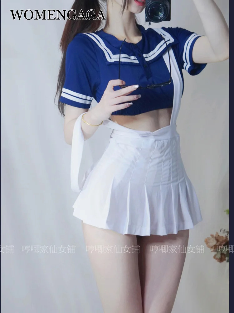 WOMENGAGA Preppy Style Sweet Sexy JK Lolita Strap Dress Mini Pleated Skirts T Shirt Fashion Two Piece Set Fairy Cute MB0D 241226