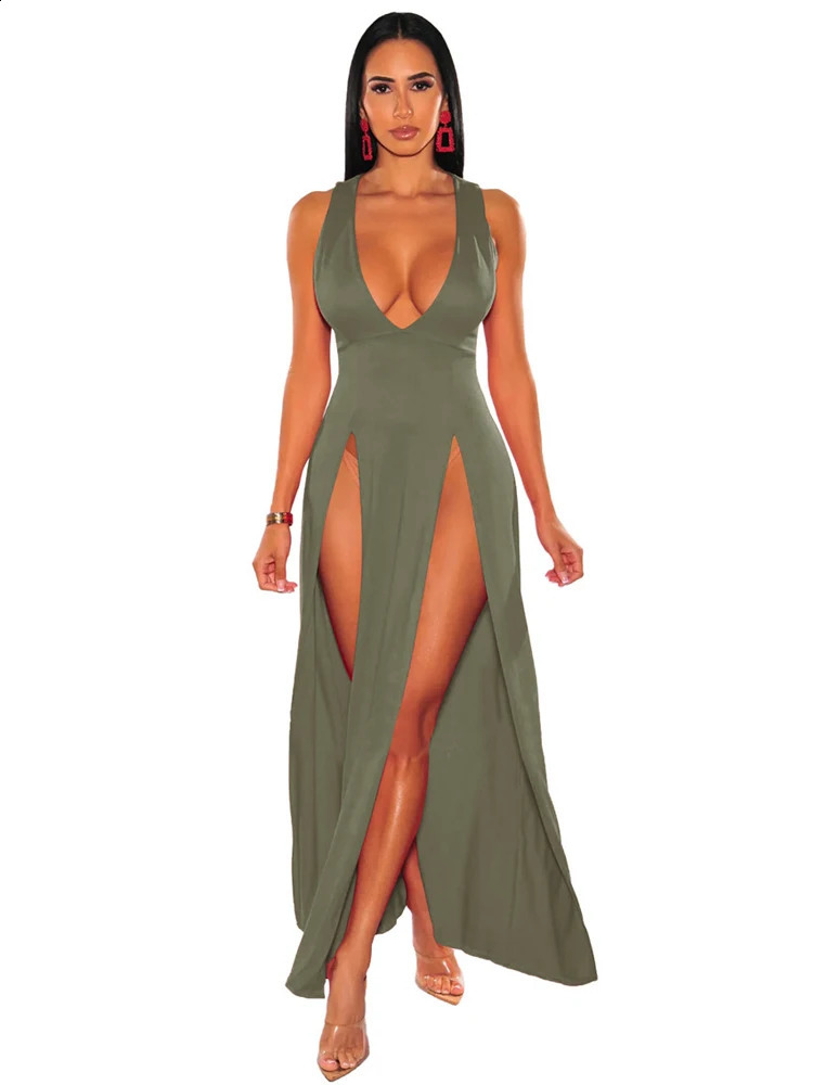 Sexy Deep V Neck High Split Bodycon Cocktail Party Maxi Dress Women Formal Evening Dress Solid Red Summer Long Club Dress 241226