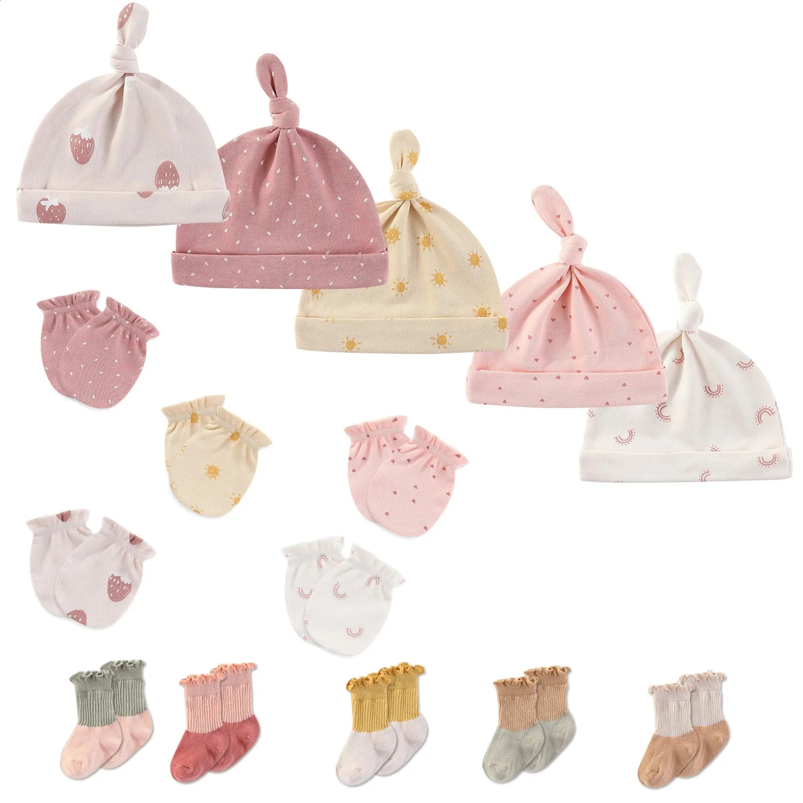 15Pieces born Baby Boy Girl HatsGlovesSocks Sets Print 100%Cotton Headwear Solid Color 06M Infant Supplies Accessories 241225