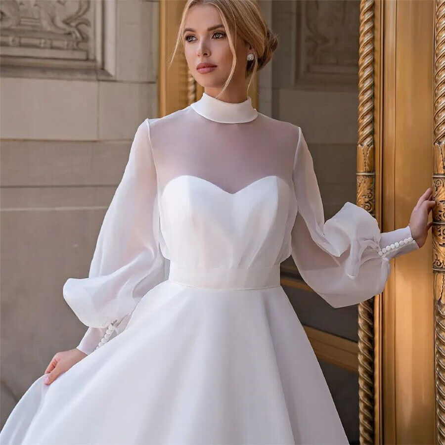 Plus Size Organza Wedding Dresses High Neck Illusion Long Sleeve Bridal Gowns Robe de mariee Custom Made