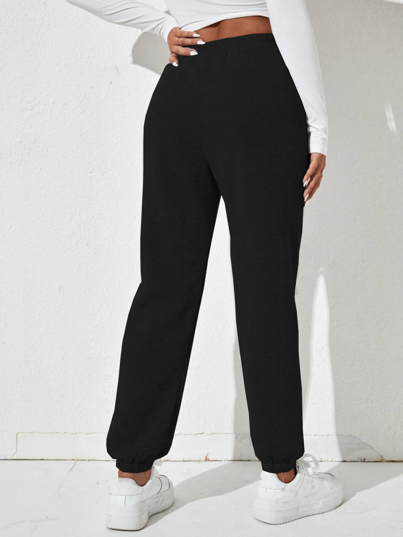 Women Black Elastic Waist Sweat Pants Casual Every Day Solid Sweatpants 241225