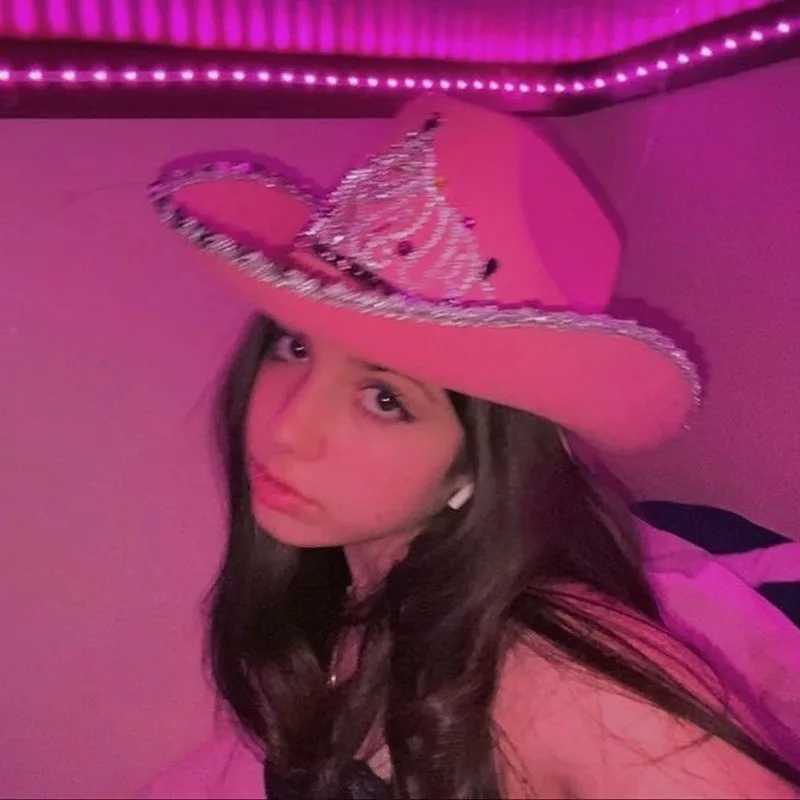 Pink womens denim hat wide brown western hat Y2K sparkling crown sequin feather Cs denim party costume set W241225