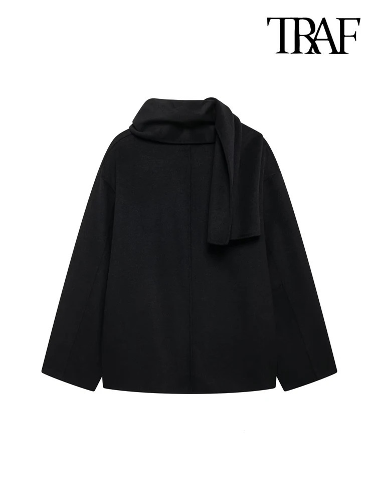 TRAFLoose Woolen Jacket with Scarf for Women Long Sleeve Coat Front Button Female Outerwear Chic Tops Fashion 241225