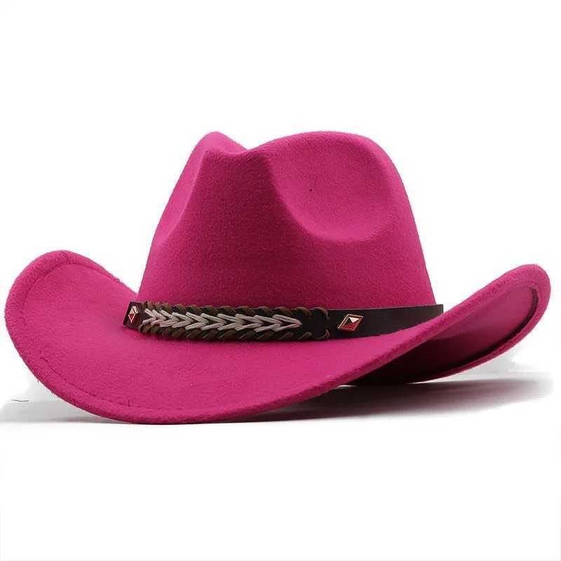 Belt style Western cowboy hat womens retro wide Brim Felt C hot pink cowboy hat outdoor unisex parent-child sun hat W241225