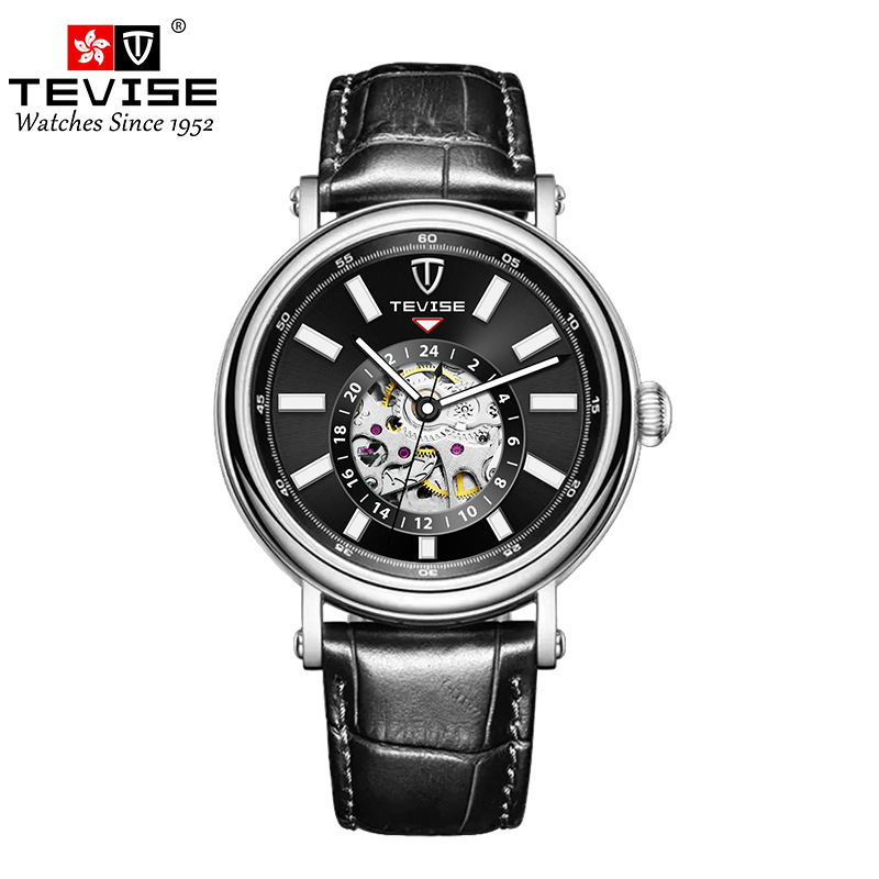 Swiss TEVISE Mechanical Watch Classic Automatic Hollow Genuine Leather Men's Watch Waterproof Luminous Luxury Watch Mens T004 9829