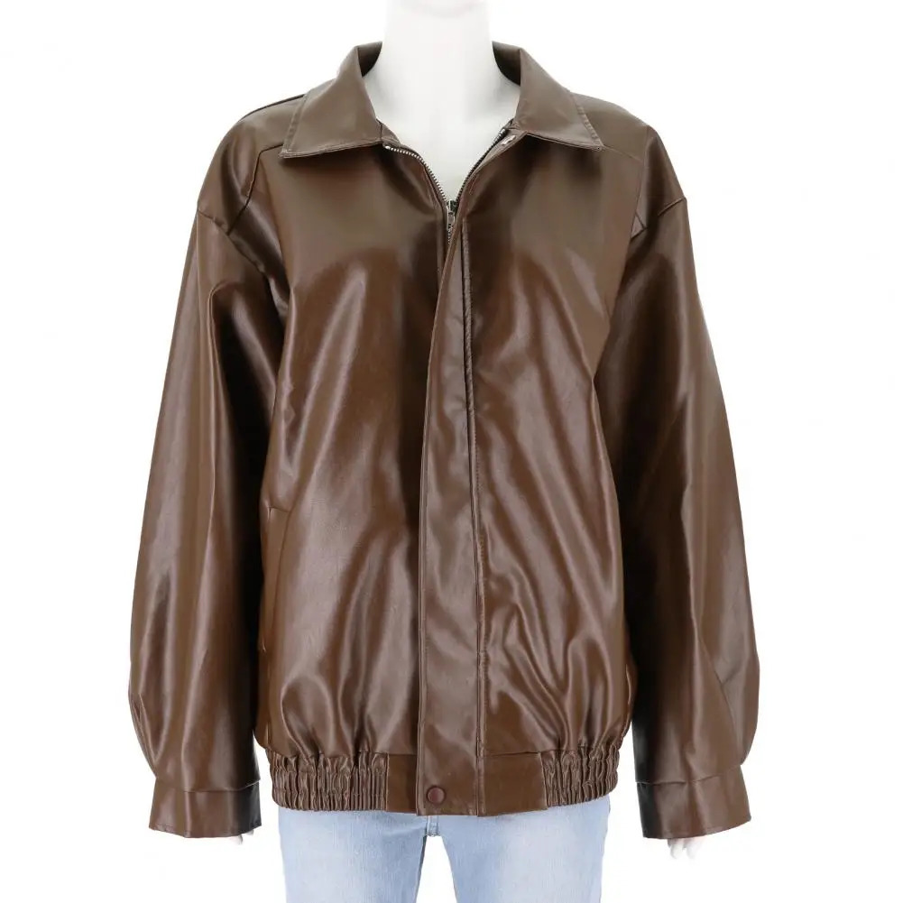 Vintage Women Faux Leather Jacket Long Sleeves Turndown Collar Loose Fit Zipper Pocket Oversized Ladies Female Coat 241223