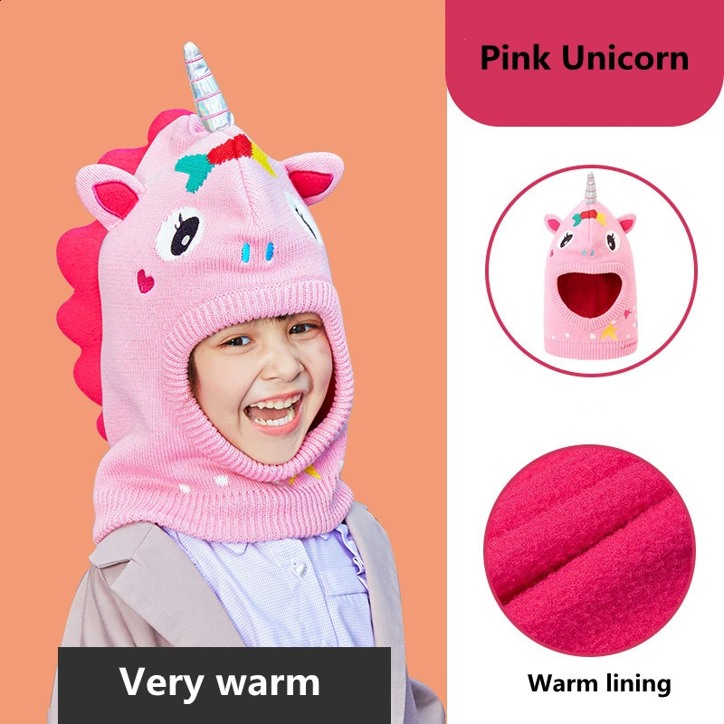 Kids Winter Hat Pompom Children Knitted Hats Baby Girls Boys 3D Animal with Warm Fleece Lining 241225
