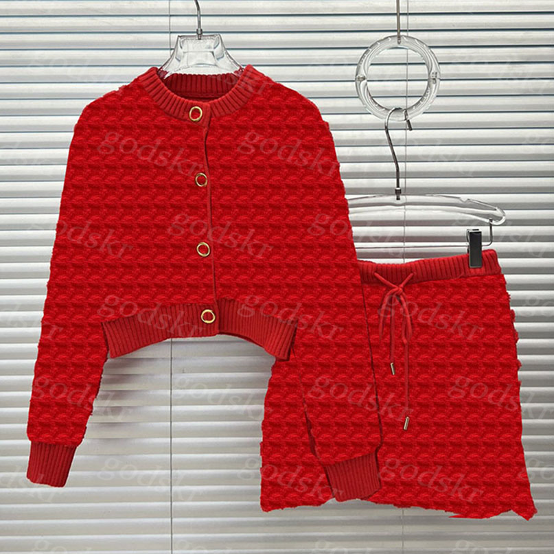 Jacquard Jumper Skirt Women Gold Button Short Knit Cardigan Jacket Sexy A Line Knit Skirt 2 Piece Dress