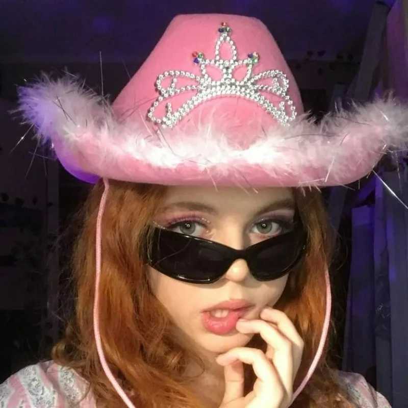2024 Pink Feather Western Cowboy Hat Womens UK Retro Jazz Cs Theme Party Halloween Carnival Hat Wide Brown Wool Felt Hat W241225