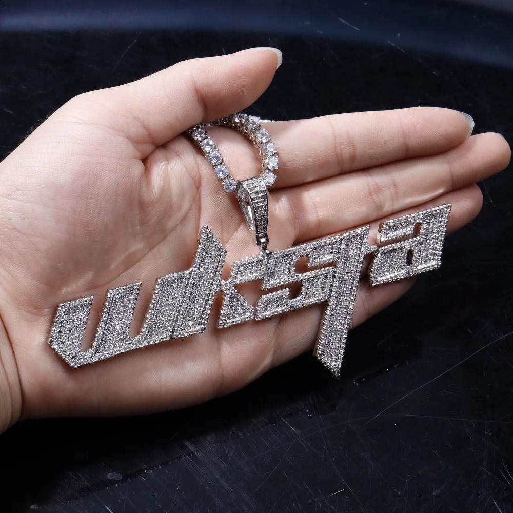 Custom Italics Word Pendant Chain Personalized Cubic Zircon Diamond Name Necklace Sporty Style Hip Hop Jewelry Gift For Him Her 241226