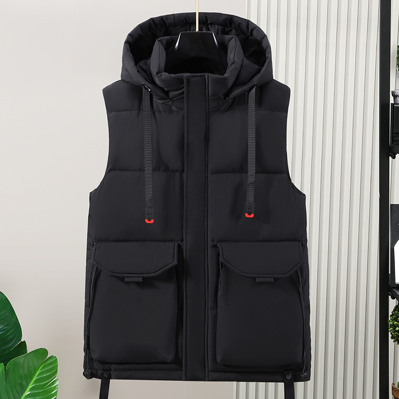 2025 New In Men Sleeveless Jacket Hood Zip-up Thick Warm Padded Vest Classic Golf Work Wear Large Size Big Plus Casual Waistcoat