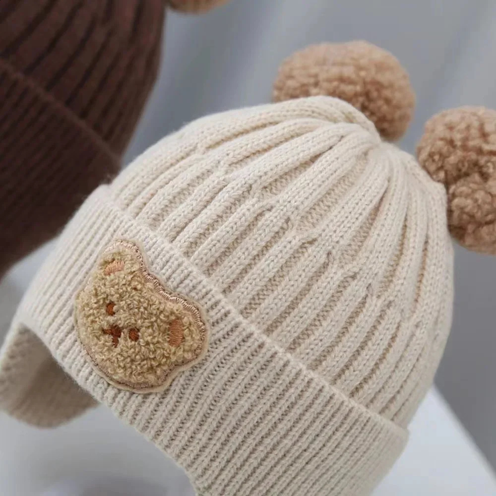 Baby wool hat cute bear ear protection children winter thickened warm knitted Korean version of the baby 241225